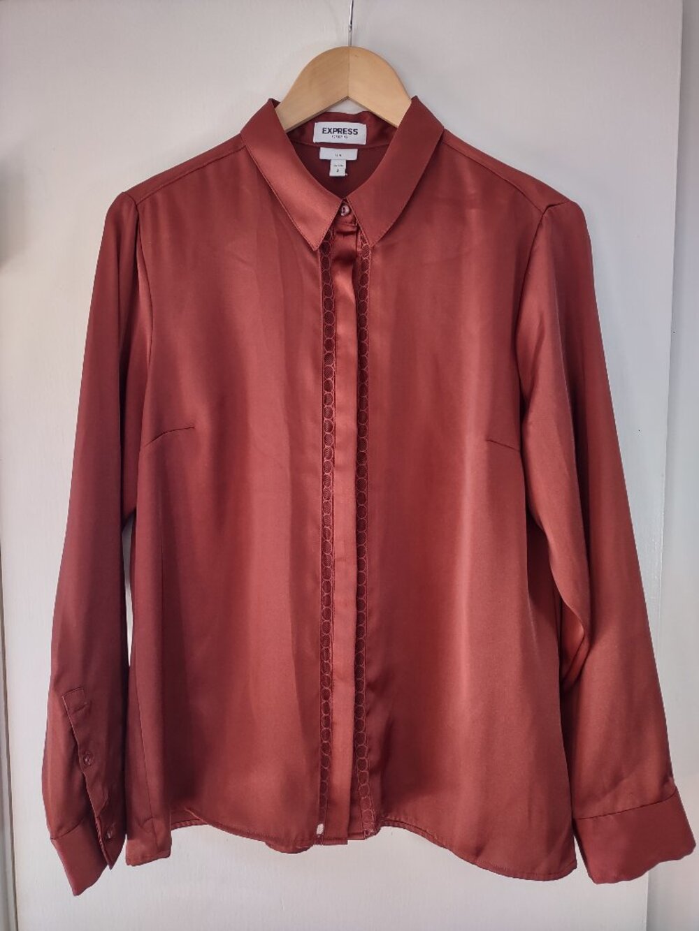 Express Portofino Rust Satin Button Front Blouse Size L Slim Fit Long Sleeve